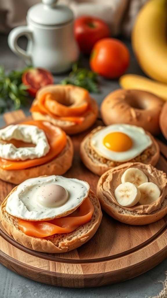 A selection of bagels with various toppings including cream cheese, avocado, and peanut butter, arranged on a wooden board.